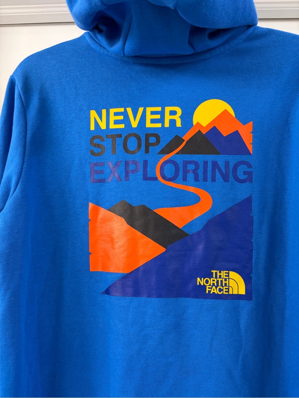 NorthFace NWT Never Stop Exploring Blue logo Hoodie, Size XL boys